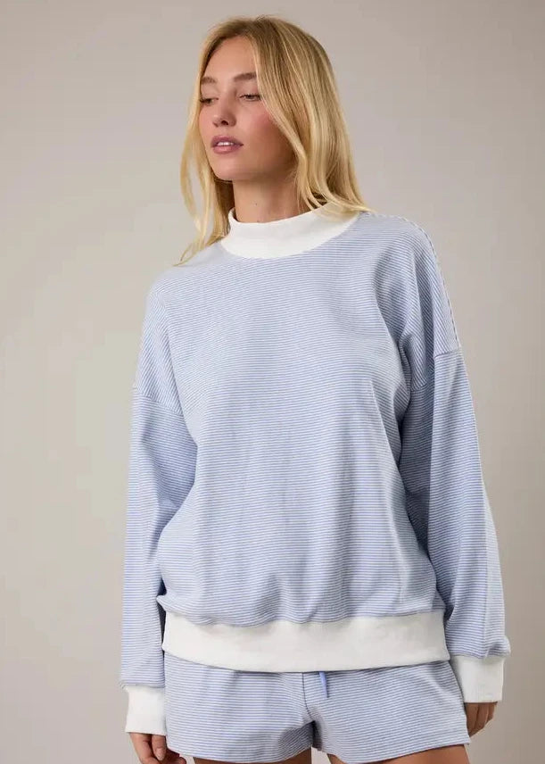 Mock Neck Sweatshirt Top - Blue Cream Stripe