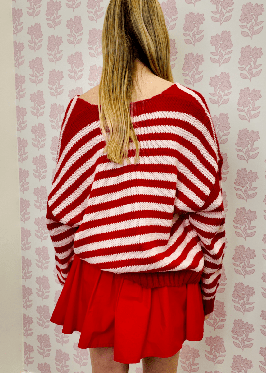 Blush & Scarlet Stripe V - Neck Knit - MerciGrace BoutiqueTop