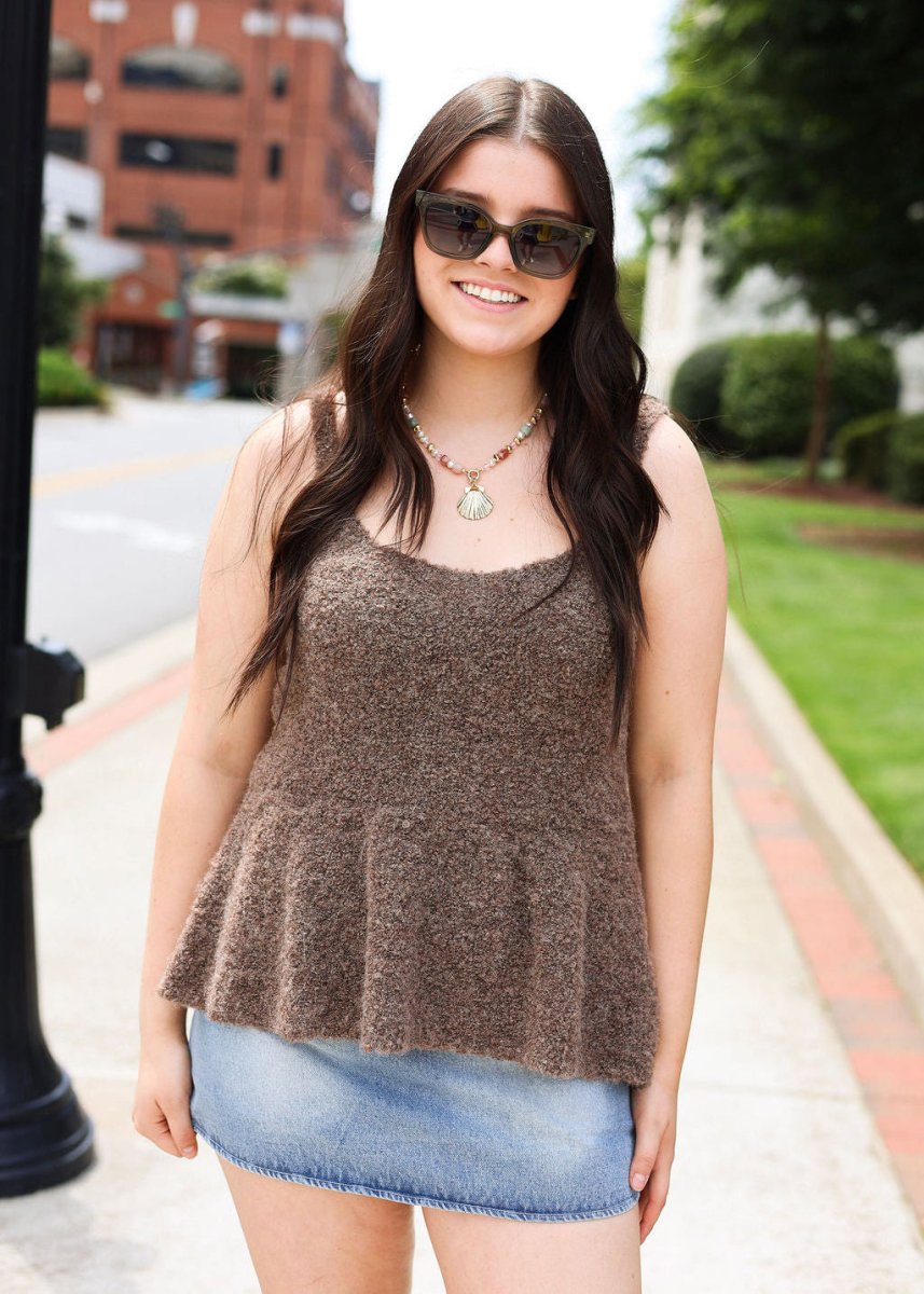 Boucle Peplum Sweater Tank - Brown