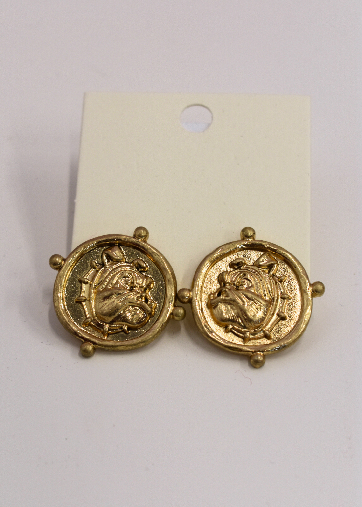 Bulldog coin earrings with vintage gold finish detail