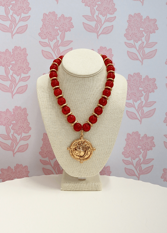 Bulldog Face & Bead Necklace Set - Red - MerciGrace BoutiqueNecklace