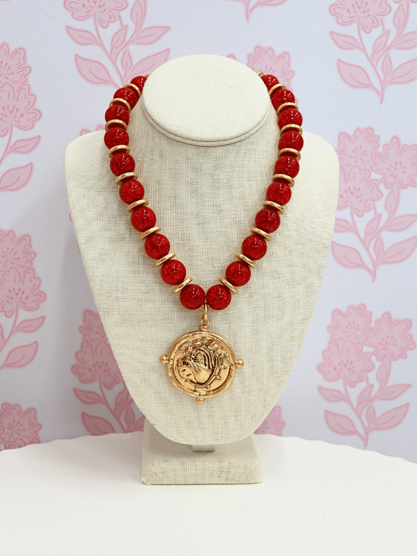 Bulldog Face & Bead Necklace Set - Red