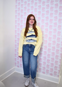 Sardines graphic detail on butter yellow sweater