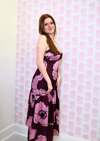 Tiered floral midi dress featuring elegant violet print