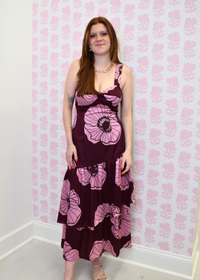 Calla violet floral midi dress styled for Evening event