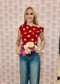 Valentine-inspired red sweater with white polka dots and asymmetrical cut