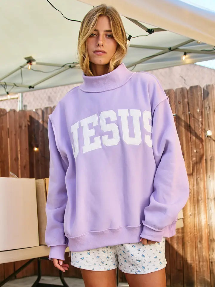 JESUS Mockneck Lavendar with White Print