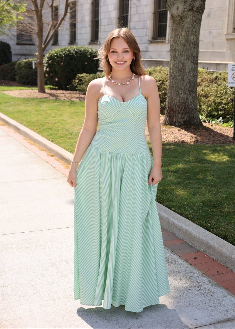 windsor dark green dress Green Striped Tie Maxi Dress – BLANK main image 1
