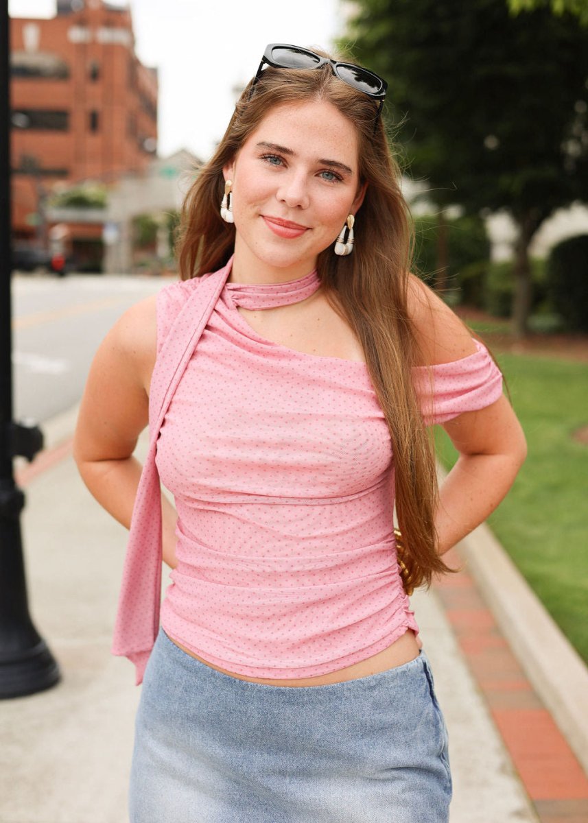 Cherry Blossom Dot Scarf Top - Pink - MerciGrace BoutiqueTop