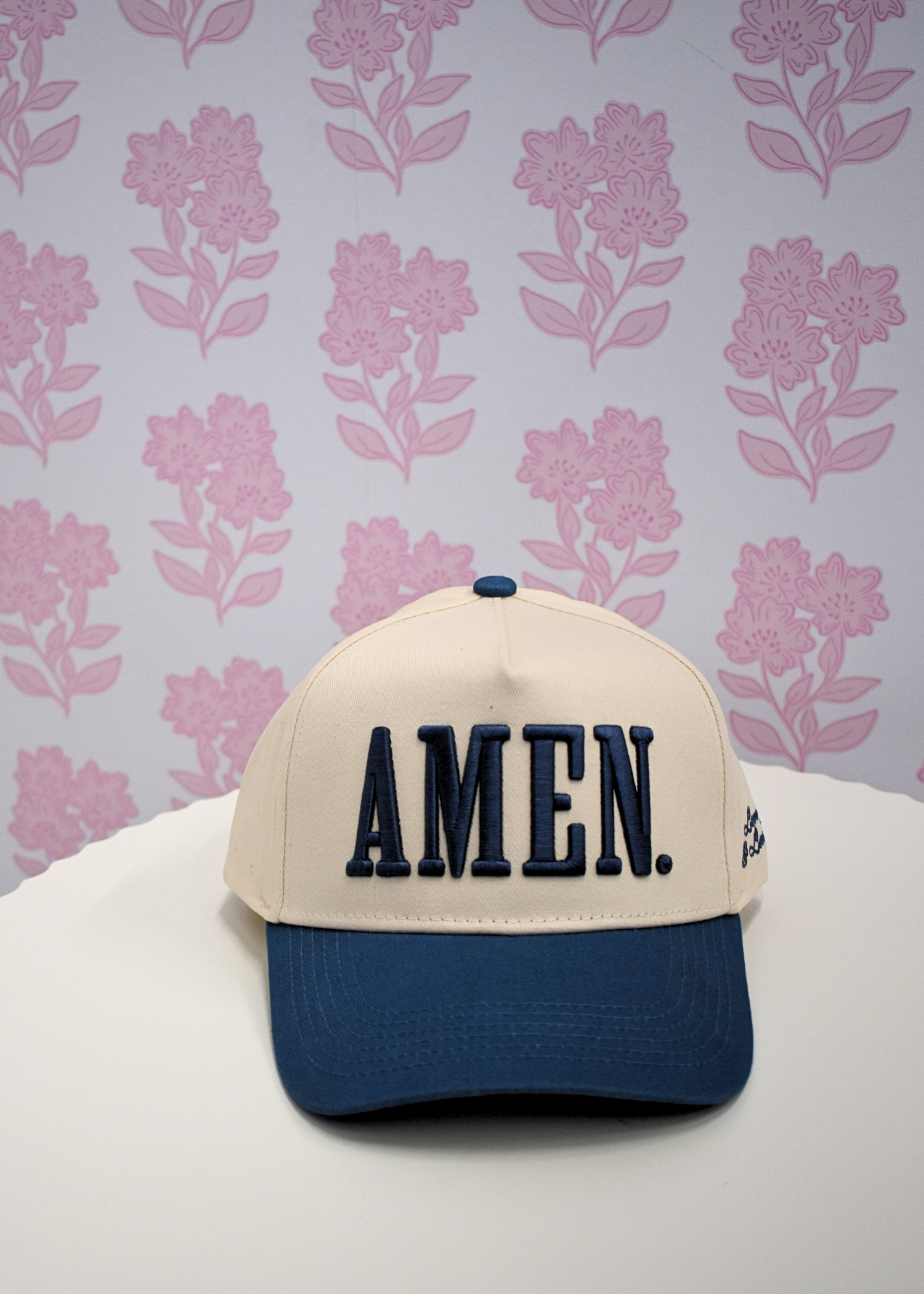 Women’s slate blue Christian trucker hat with AMEN slogan