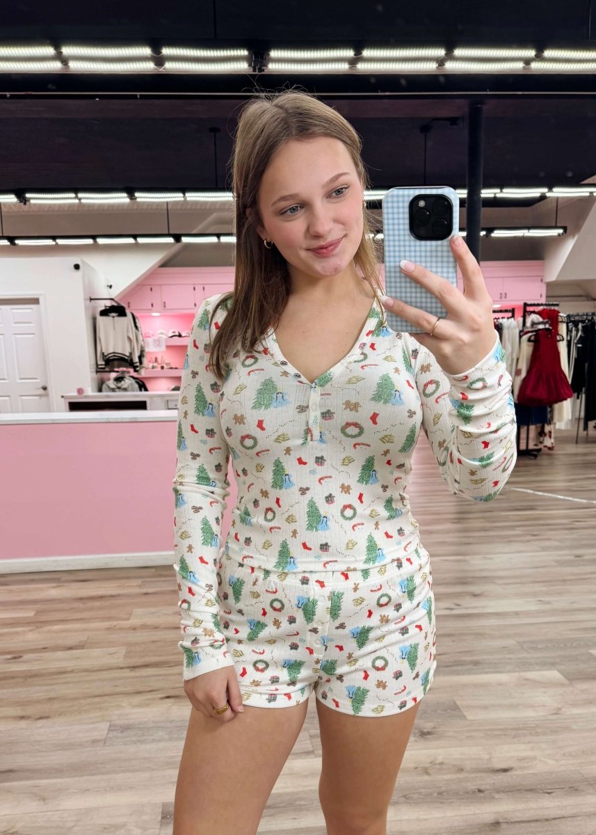 Christmas Morning Pj Shorts - Cream/Multi