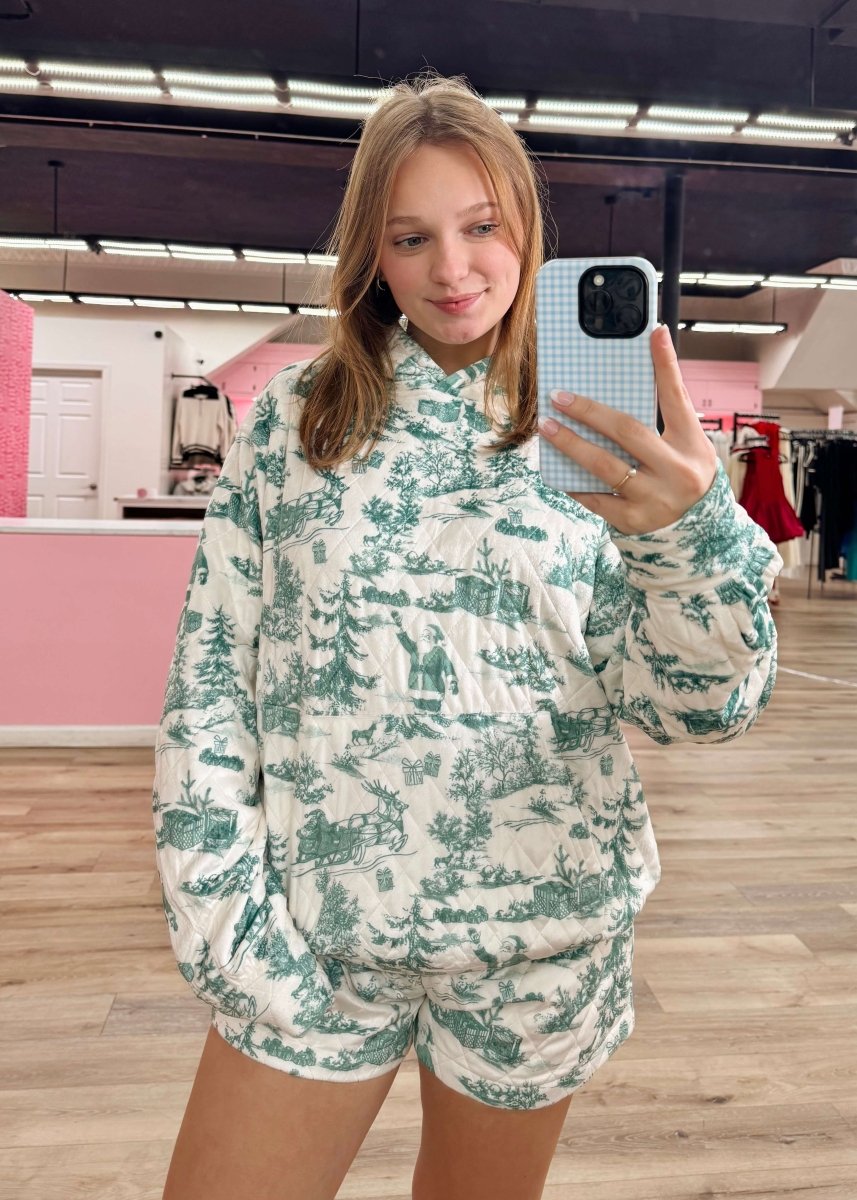 Christmas Sights Quilted Hoodie - White/Green - MerciGrace BoutiqueApparel & Accessories