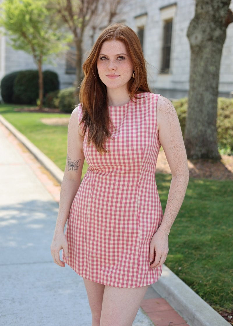 Clementine Sheath Mini Dress – Peach and Yellow Gingham