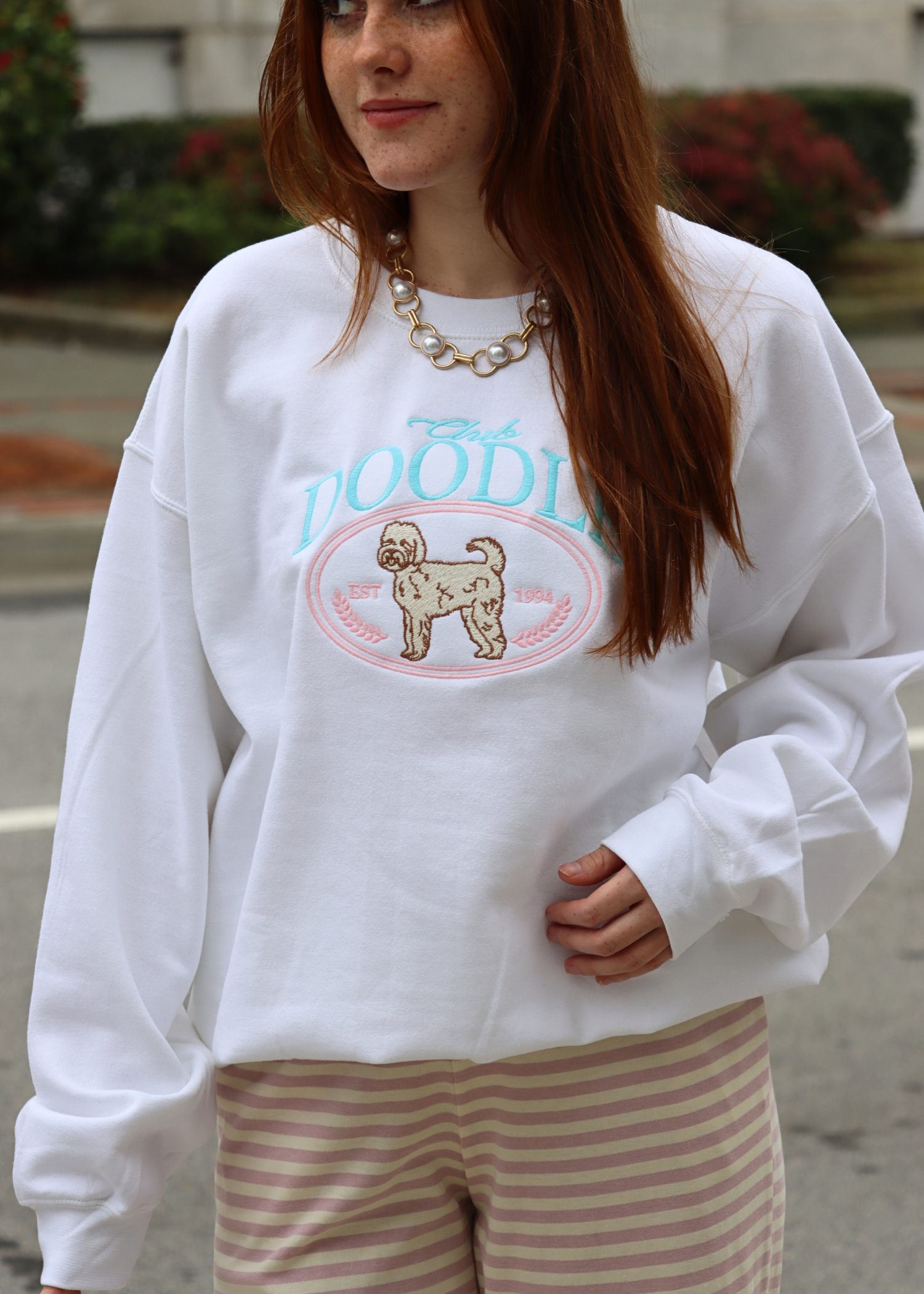 Front view of Club Doodle embroidered sweatshirt for women