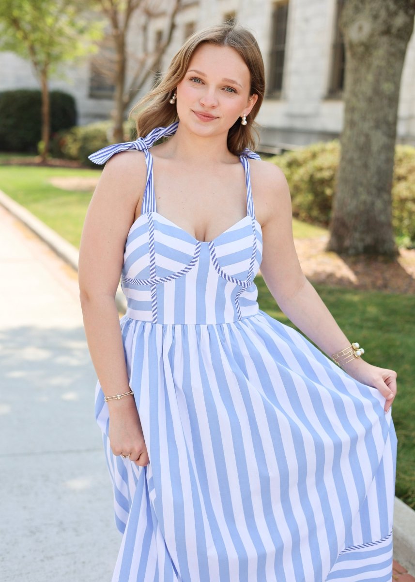 Coastal Breeze Stripe Midi Dress - Light Blue/White - MerciGrace BoutiqueDresses