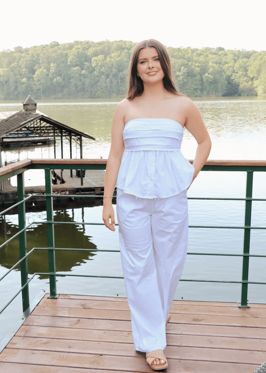 Coastal Livin' High Waisted Pants - White/Blue - MerciGrace BoutiquePants