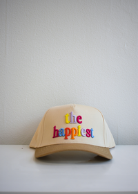 Multicolor 3D puff embroidery detail on vintage trucker hat