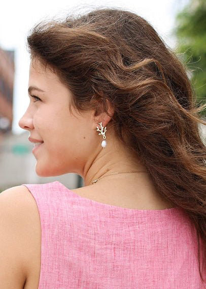 Coral Reef & Pearl Drop Earrings - Gold