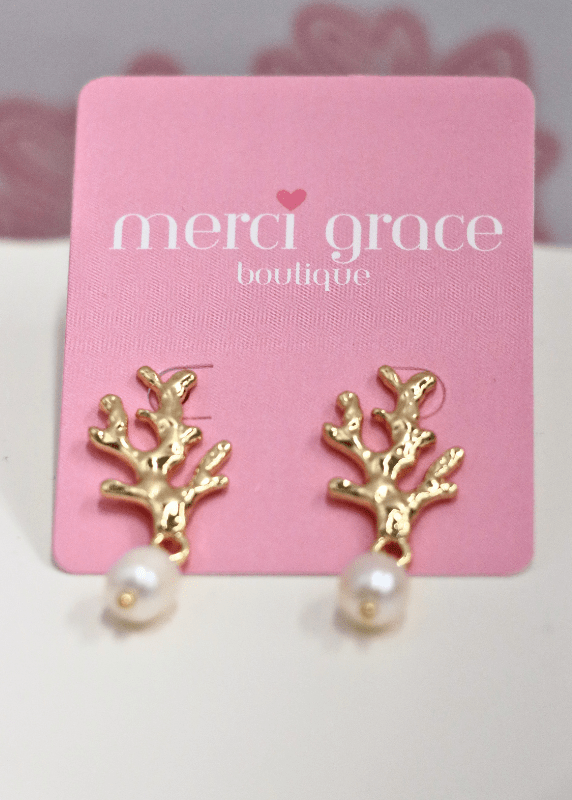 Coral Reef & Pearl Drop Earrings - Gold - MerciGrace BoutiqueEarrings