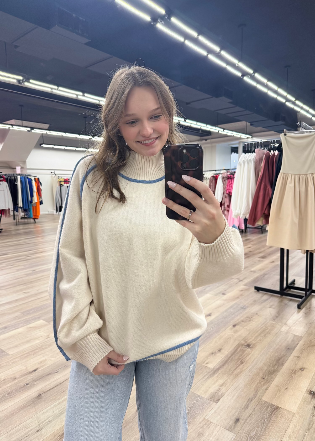 Long Sleeve Stitch Detail Sweater Top - Cream/Blue