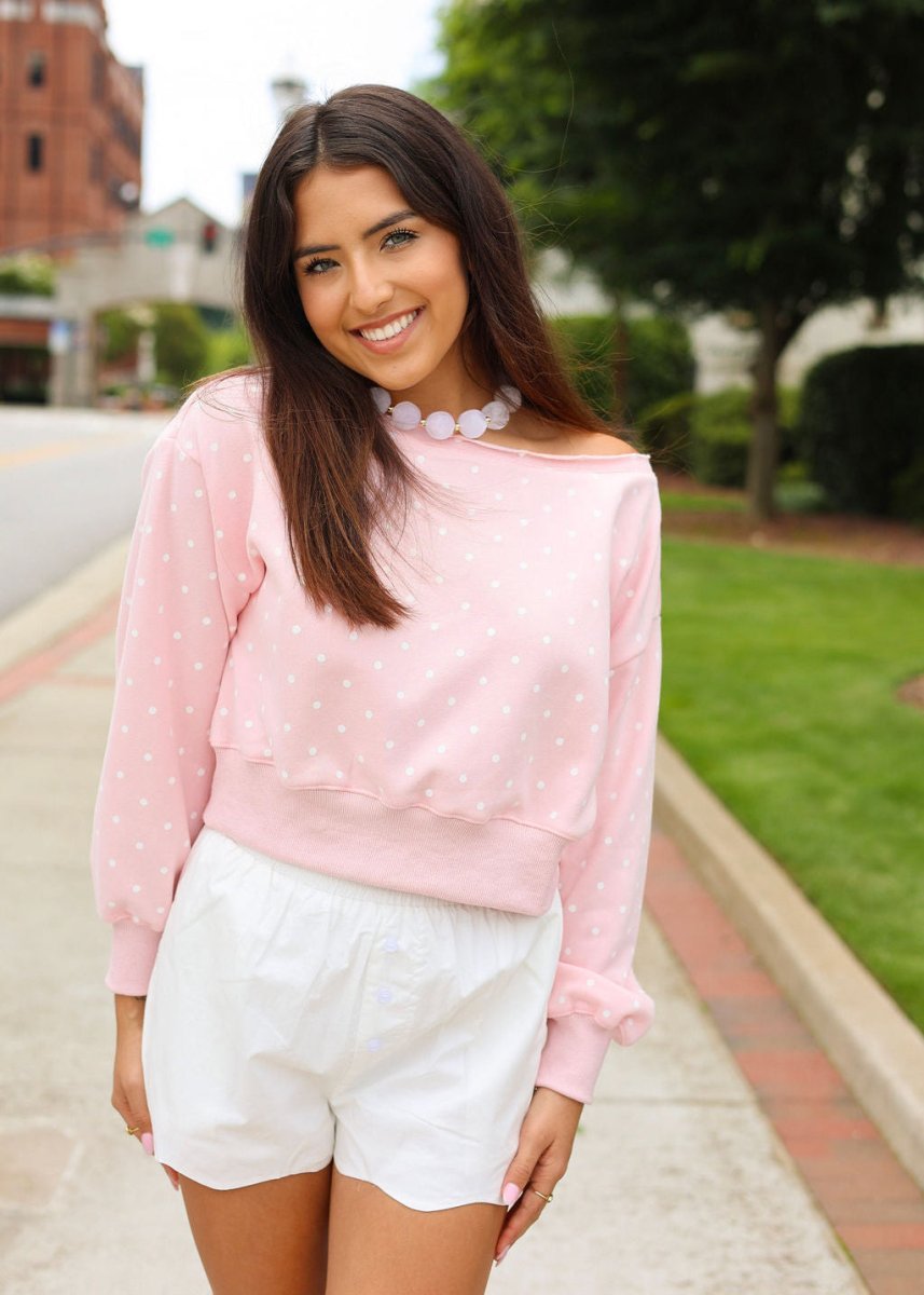 Daydream Dot Off-Shoulder Pink Sweatshirt - MerciGrace BoutiqueShirts & Tops