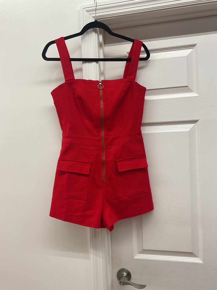 Denim Romper W/ Pockets - Red - MerciGrace BoutiqueRomper