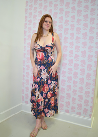 Multicolored floral midi dress with tiered ruffle details