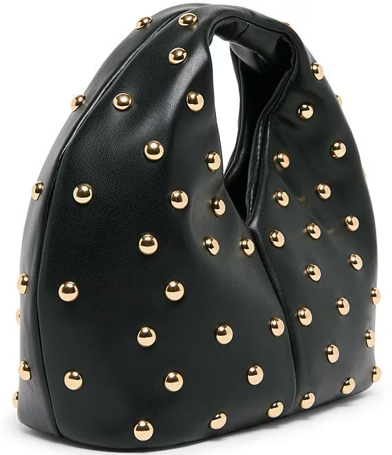 Studded black hobo bag featuring magnetic snap closure and zipper pocket