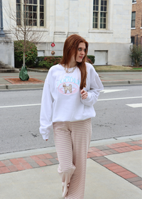 Club Doodle embroidered sweatshirt styled with casual outfit