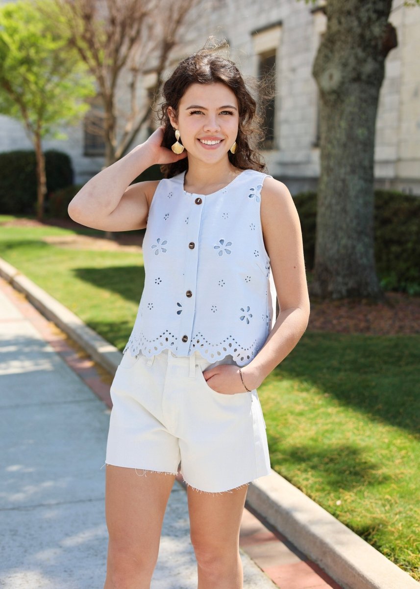 Elodie Eyelet Top - Light Blue - MerciGrace BoutiqueTop
