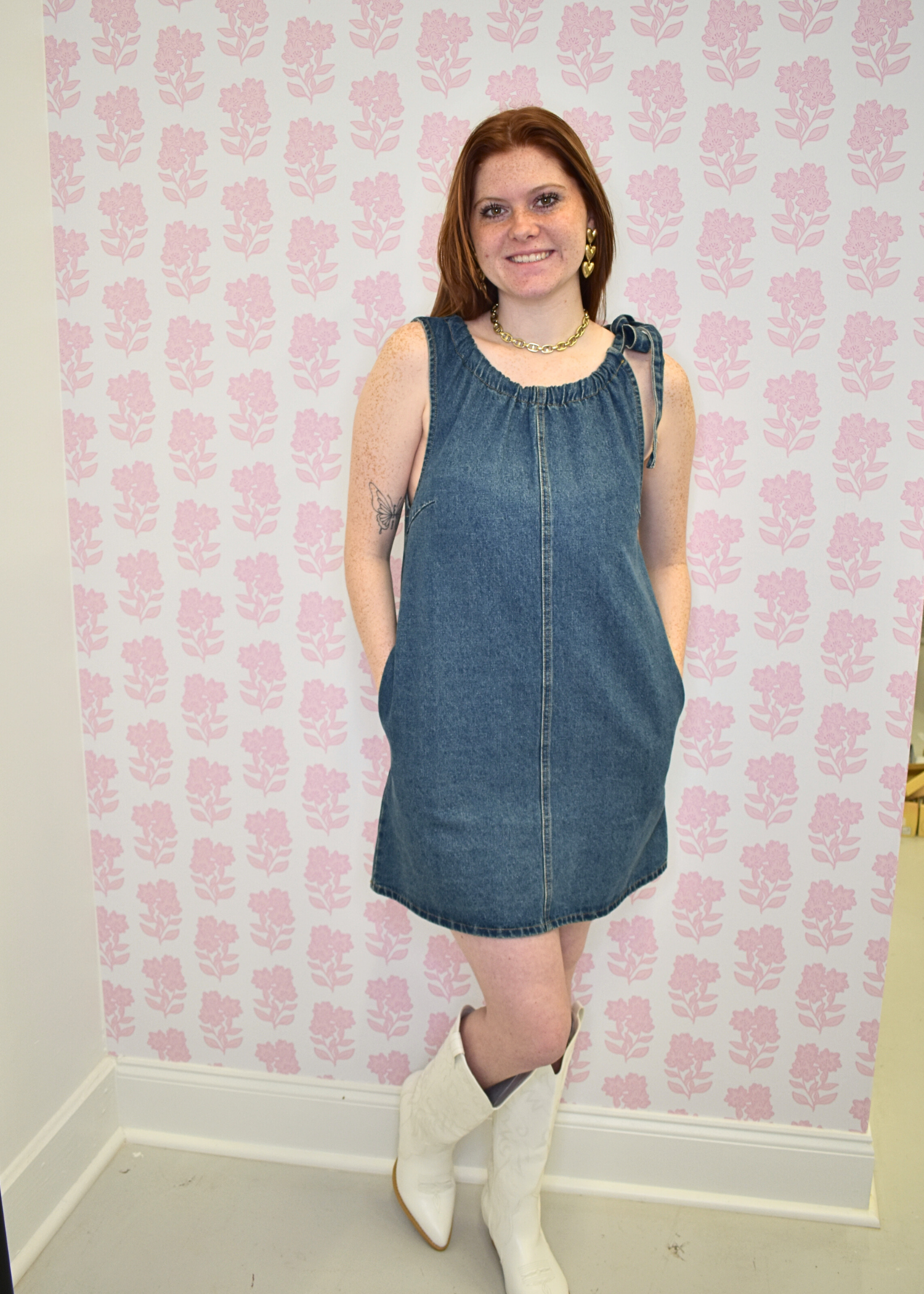 Denim shift dress with shirred neckline and relaxed fit