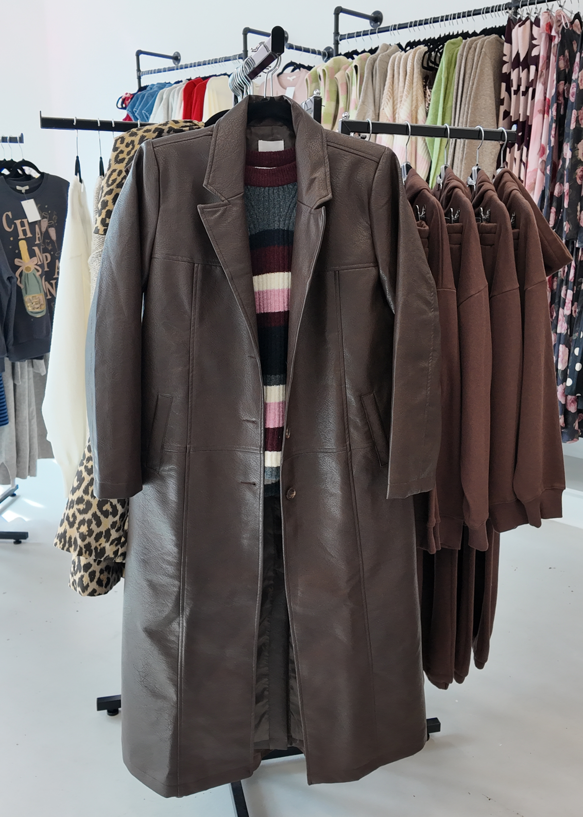 Faux Leather Long Trench Coat - Brown