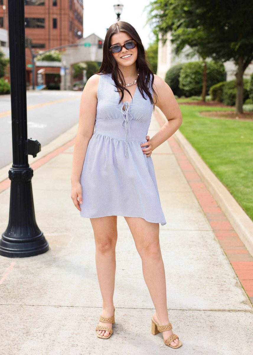 Garden Sun Tie Mini Dress - Blue/White - MerciGrace BoutiqueDress