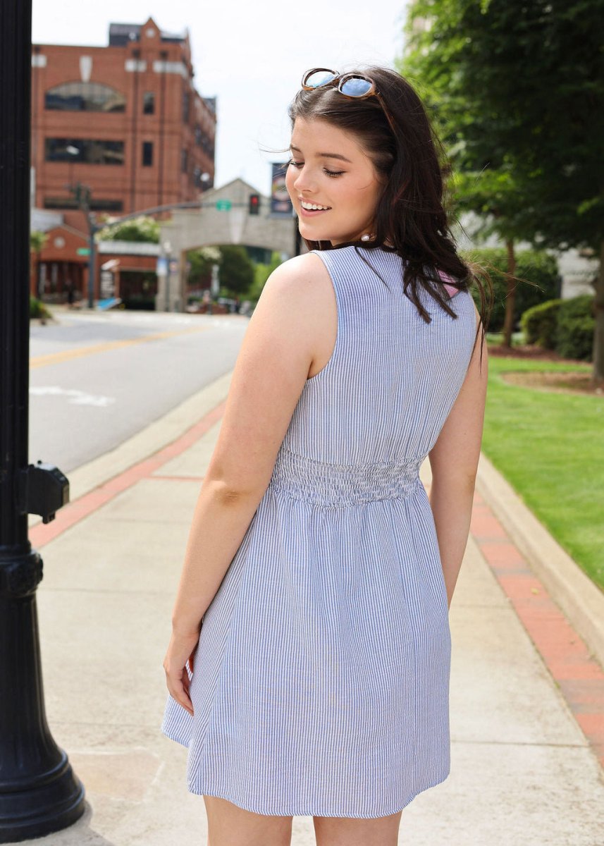 Garden Sun Tie Mini Dress - Blue/White - MerciGrace BoutiqueDress