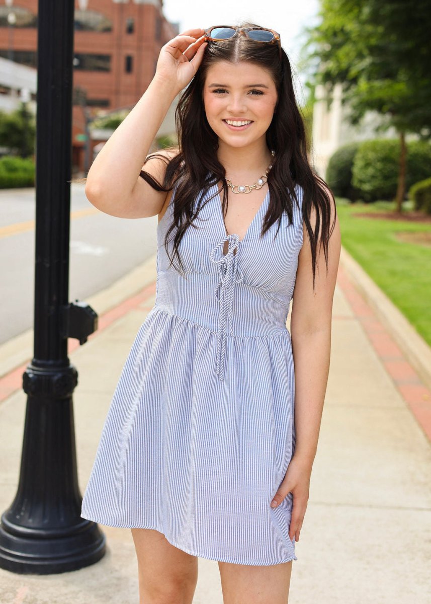 Garden Sun Tie Mini Dress - Blue/White