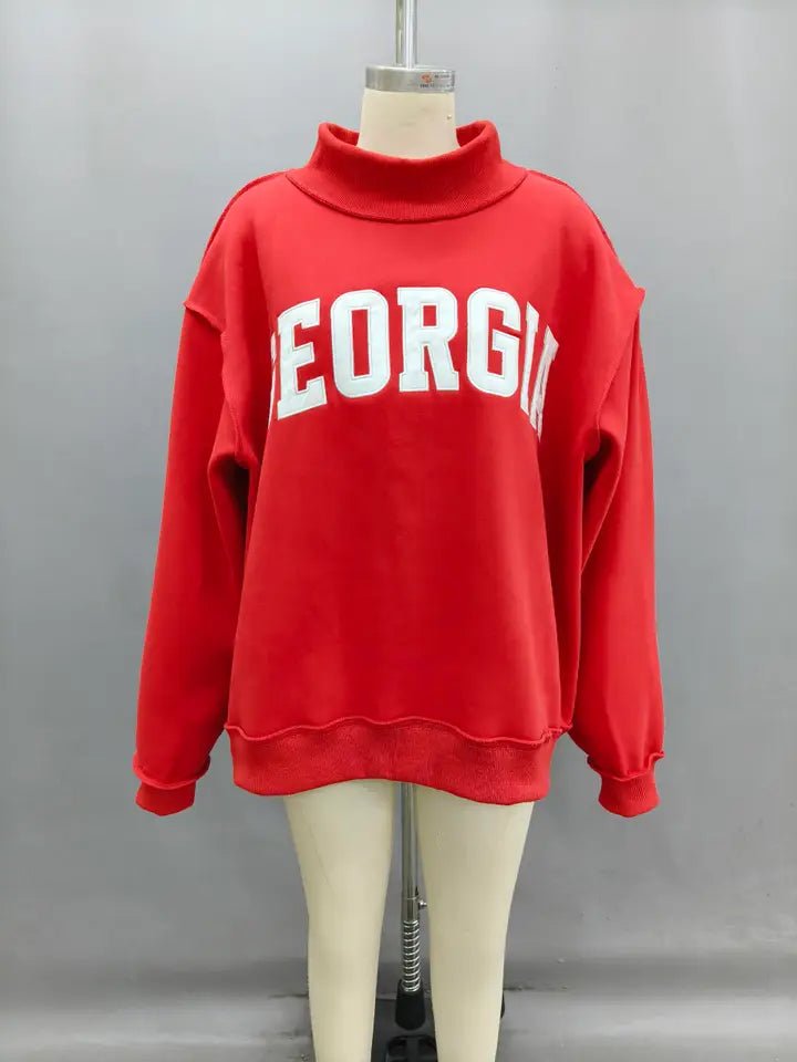 Georgia Embroidered Mock Neck Sweatshirt - Red - MerciGrace BoutiqueSweatshirt