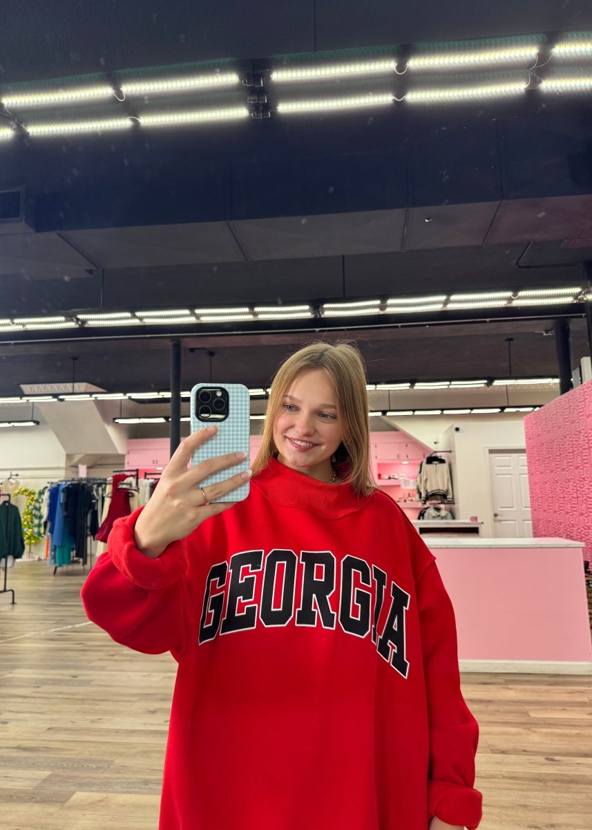 GEORGIA & GA Print Reversible Mockneck Sweatshirt - Red with Black and White Lettering