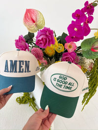 Side view of green vintage trucker hat with inspirational message