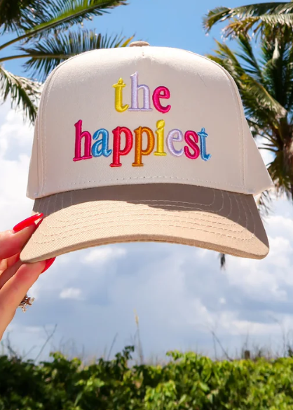 Front view of The Happiest multicolor 3D puff vintage trucker hat