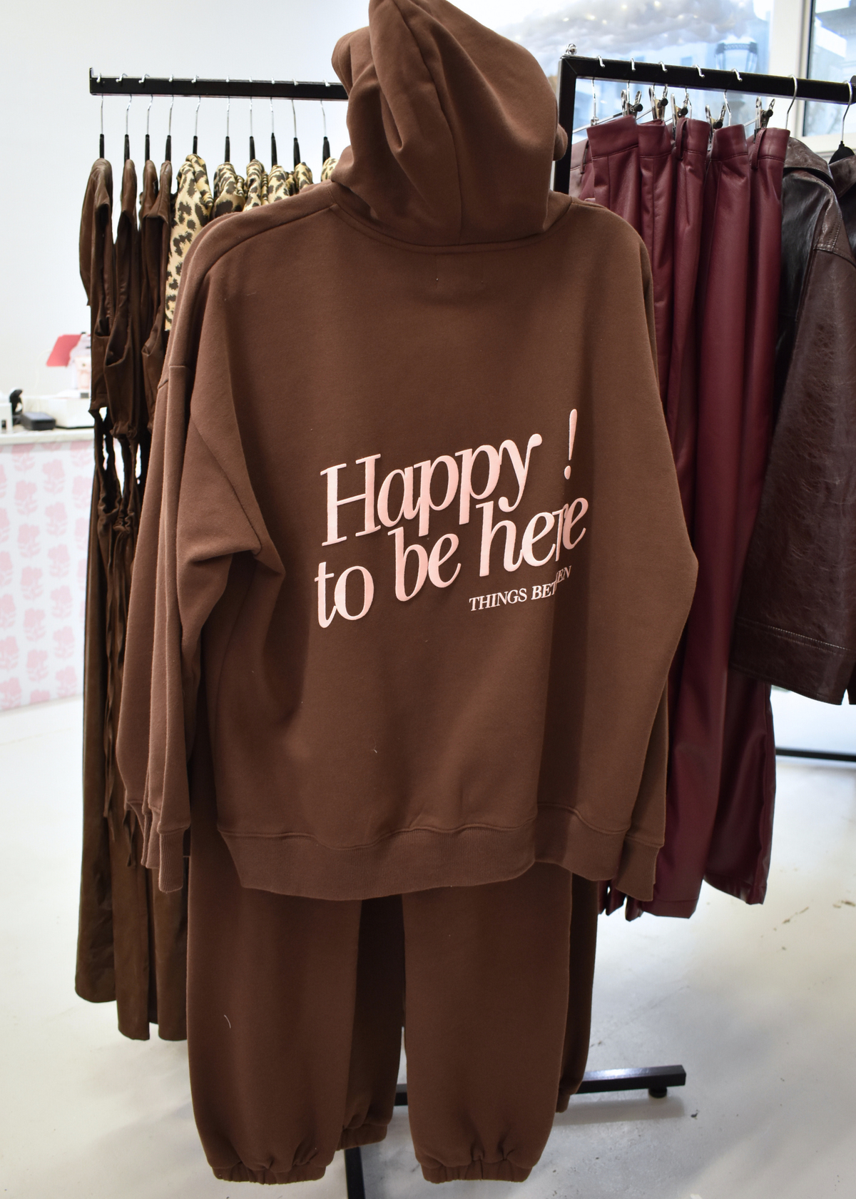 Happy To Be Here Fleece Sweat Set - Chocolate