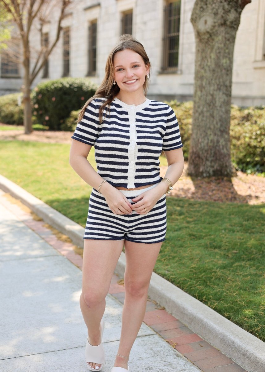 Harbor Stripe Knit Shorts - Navy/Cream - MerciGrace BoutiqueSet