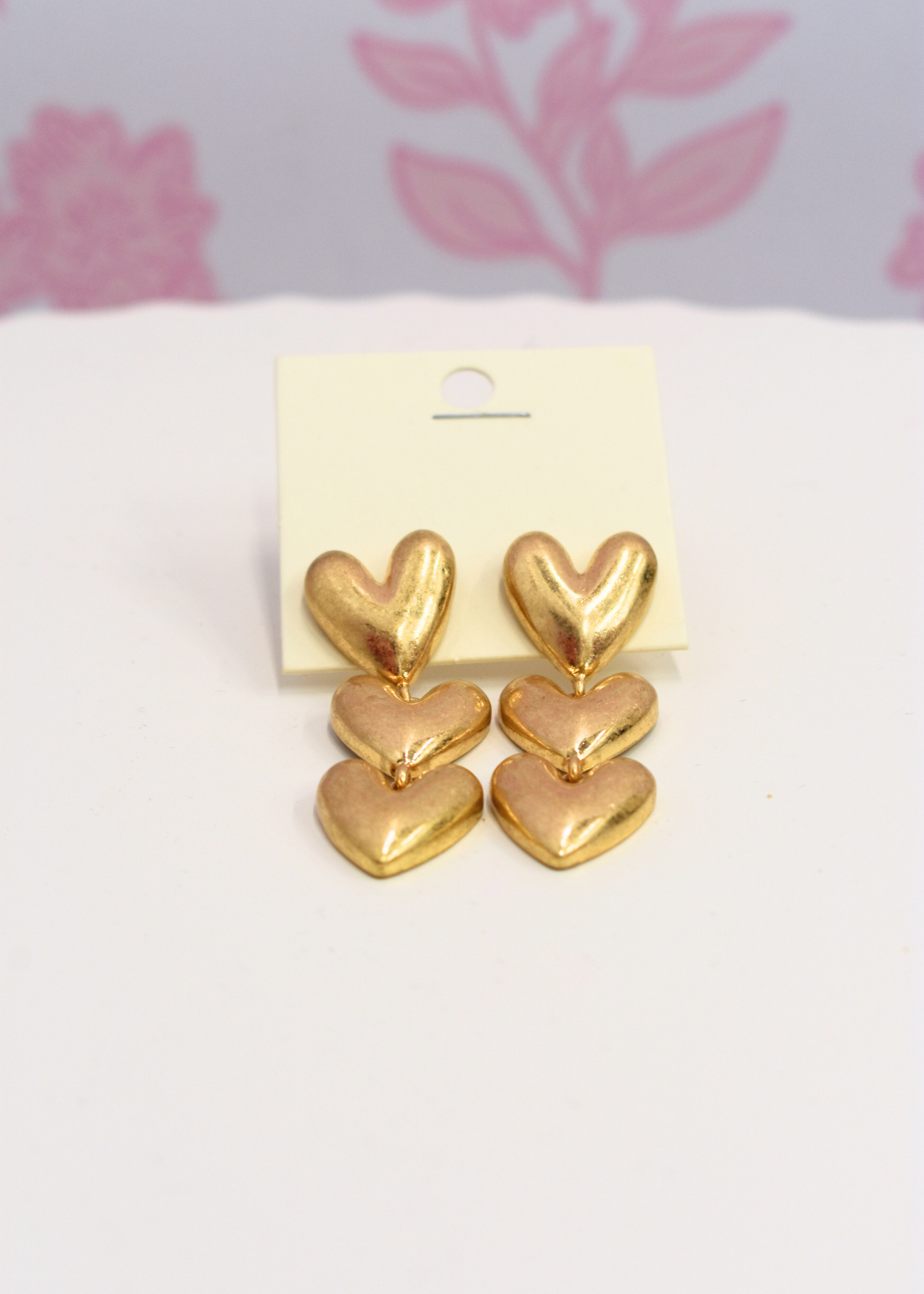 Vintage gold triple puffy heart drop earrings