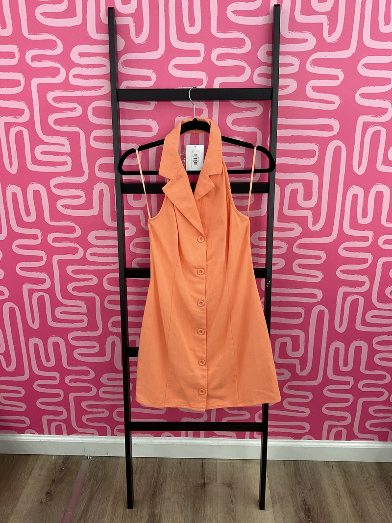 Halter Button Up Mini Dress- Orange.