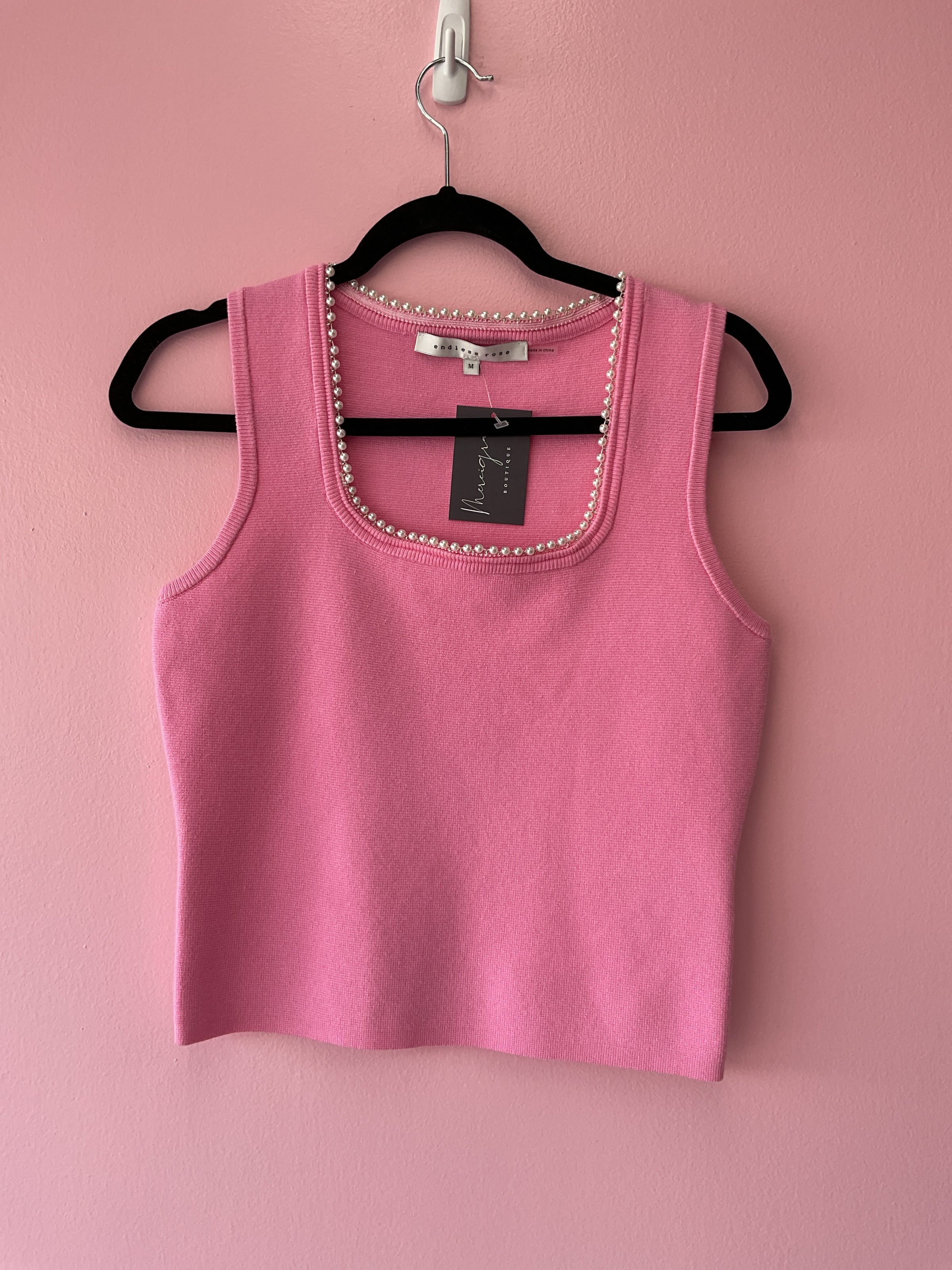 Pearl Trim Knit Tank- Pink.