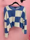 Sarah Round Neck Checkered Long Sleeve Top- Blue.