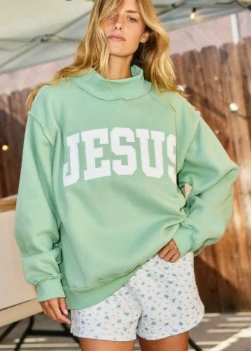 JESUS Mockneck Sage Green with White Print