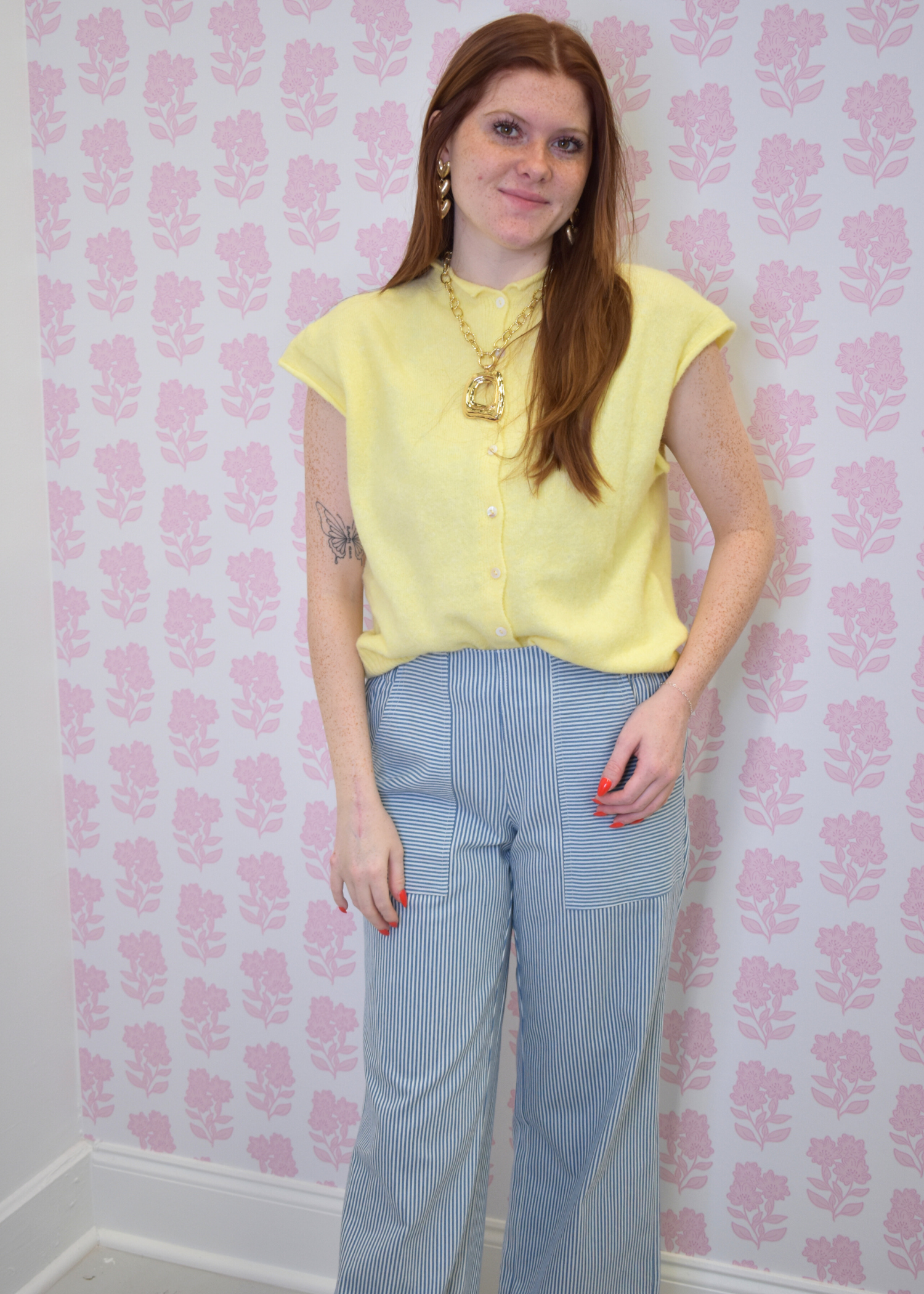 Julia butter yellow knit vest cardigan front detail