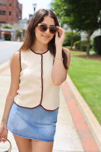 Knit Button Vest - Beige/Brown - MerciGrace BoutiqueVest
