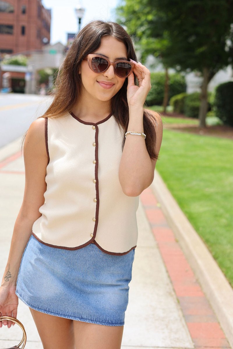 Knit Button Vest - Beige/Brown - MerciGrace BoutiqueVest