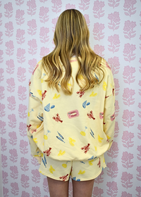 Close up of lobster graphic on summer sweatshort lounge set